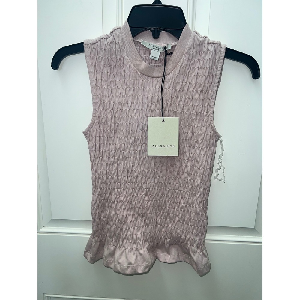 NWT AllSaints Mauve/Pink Smocked Sleeveless Mock Neck Ruffle Hem Top Sz Sm